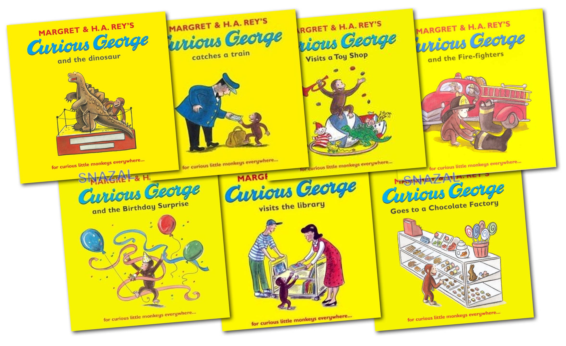 Curious George The Monkey Collection 7 Book Set Pack Series (Dinosaur, Fire-fighters, Visits the Library, Birthday Surprise, Visits a Toy Shop, Catches a Train, Goes to a Chocolate Factory) (Curious George): Margret